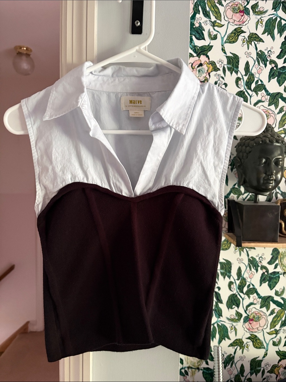 Anthropologie White Collared Top with Black Bustier Overlay